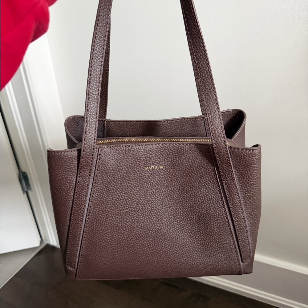 Matt & Nat Dark Brown Pebbled Vegan Leather Tote with Gold Accents